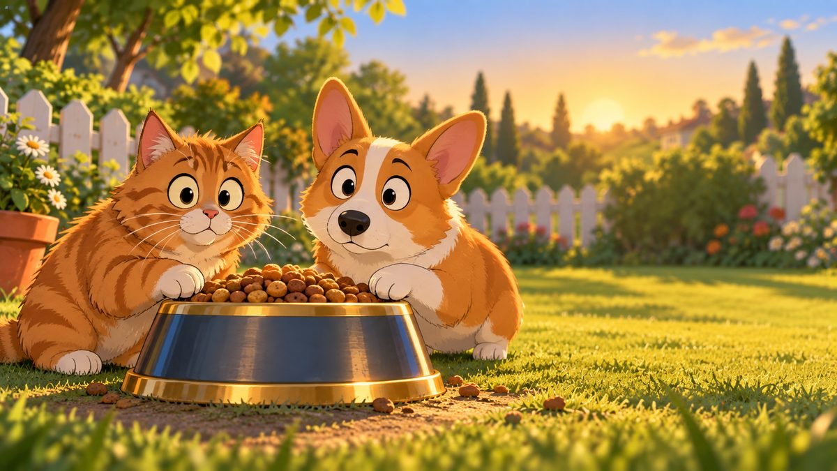 The cat and the corgi each have a paw on the bowl and look straight at the camera.