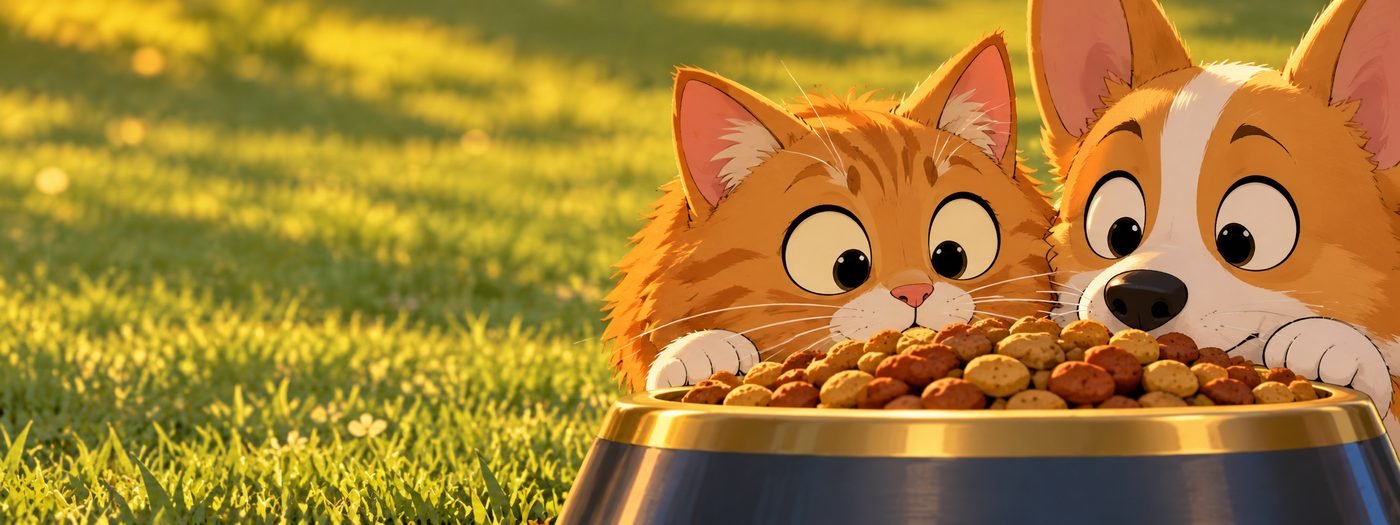 An orange cat and a corgi peer over the rim of the gold bowl, nose to nose.