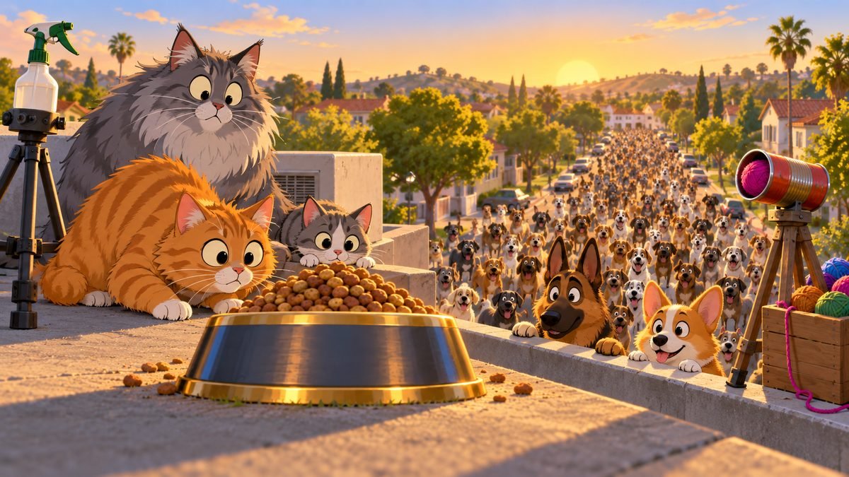 The cats guard the bowl on a rooftop with a spray bottle and a yarn launcher while the street below fills with dogs.