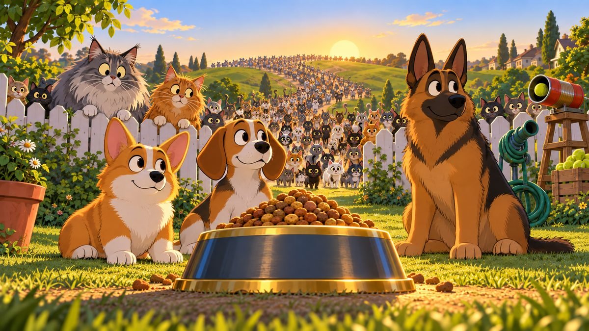 The corgi, beagle and shepherd sit around the bowl while a wave of cats pours over the fence.