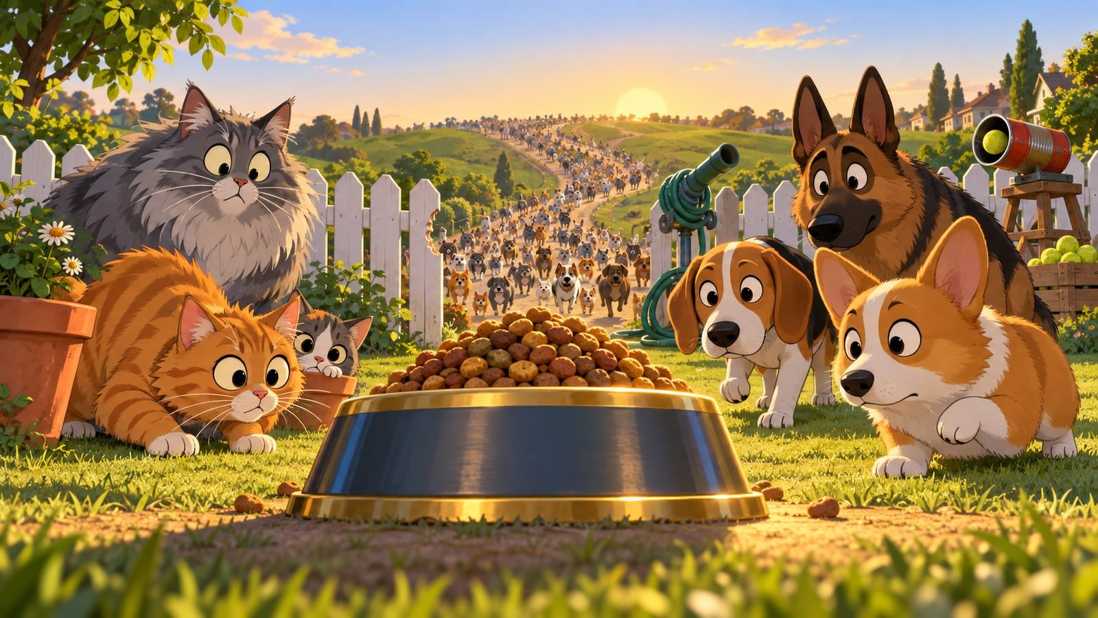Three cats and three dogs crouch around a gold food bowl in a sunny backyard while hundreds more stream down the hill behind the fence.